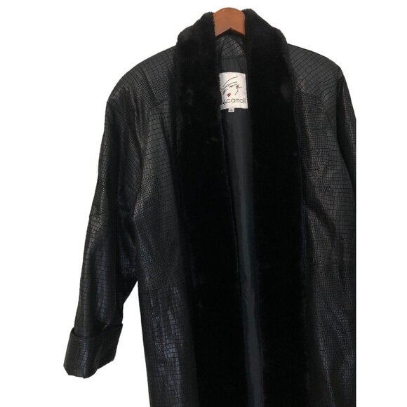 SOLD Vintage 1990s Black Leather Fur Collar Reptile Alligator Trench Coat - Picture 16 of 16